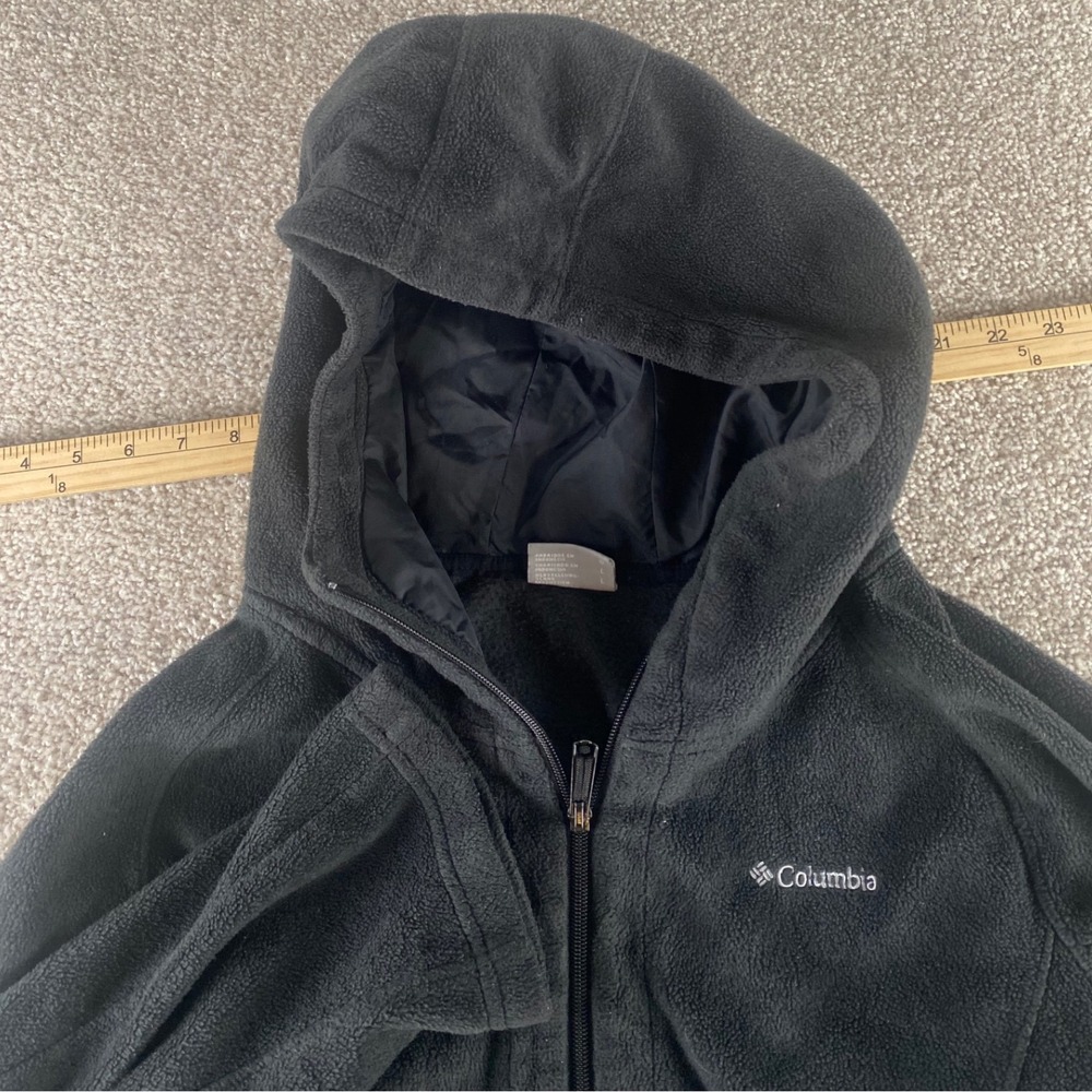 Columbia Mens L Black Full Zip Fleece Hoodie Jacket Raglan Sleeve Hooded Preppy